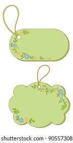 Green labels tags, oval and cloud, with floral pattern and ropes. Vector