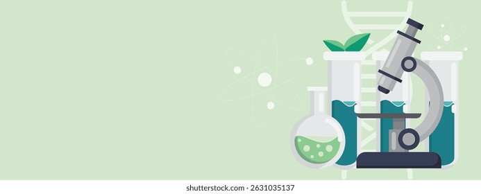 Grünes Labor Banner Hintergrund Vektor flaches Design. Mikroskop-Reagenzglas-DNA und pflanzenwissenschaftliches Icon mit Kopienraum im Konzept der Biotechnologie oder Biochemie für wissenschaftliche medizinische Forschung.