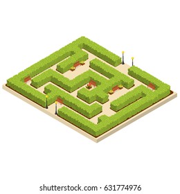 Green Labyrinth Garden Isometric View Nature Maze Geometric for Concept Park Square. Vector illustration