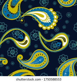 Green Lace Asian Vector Seamless Pattern. Damask Leaf Wallpaper. Floral Traditional Design. Blue Abstract Texture.
