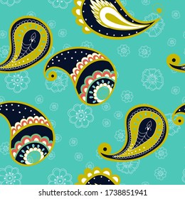 Green Lace Oriental Vector Seamless Pattern. Persian Ornament Tile. Paisley Modern Design. Green and Blue Indian Print.