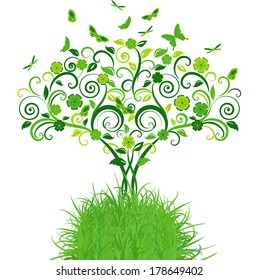 Green lace tree with butterflies. Vector illustration