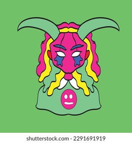 Green Lady With demon horns cartoon illustration