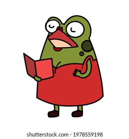 A green lady frog singing  a song clip art cartoon flat vector illustration isolated on white background. Frog singing in rainy season happily