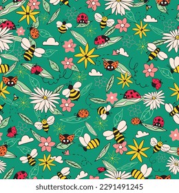 Green Ladybugs and Bees seamless pattern background. Summer pattern with flowers and bugs. Doodle bugs pattern.