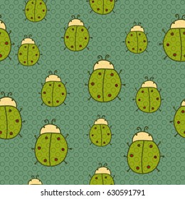 Green ladybugs on a green background, seamless pattern. 