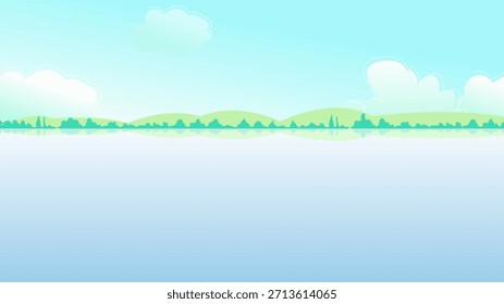 Grüner See Landschaft Hintergrund Vektor, Cartoon See Hintergrund, Wohnung, Wasser, Grüne Hügel, Natur, Vektorhintergrund