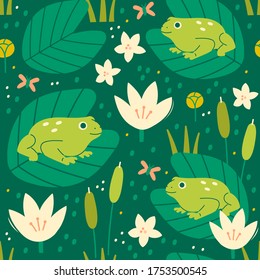 Green Lake or swamp. Toads, frogs, reed, water lilies. Hand drawn Vector illustration. Square repeating design for fabric, textile, wrapping paper. Colorful Seamless Pattern, Wallpaper, Background