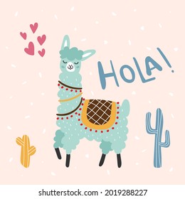 Green lama with blue and ginger cactus, cacti with text hola! and pink hearts on beige background with white dots.  Vector illustration for postcard, banner, web, decor, design, arts, calendar.