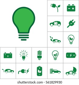 green lamp bulb icon, alternative energy set on white background