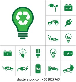 green lamp bulb icon, alternative energy set on white background