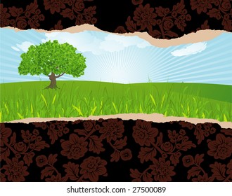 Green land throuh ripped wallpaper. Vector abstract.