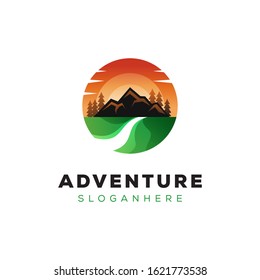 Green landscape adventure mountain logo design vector template