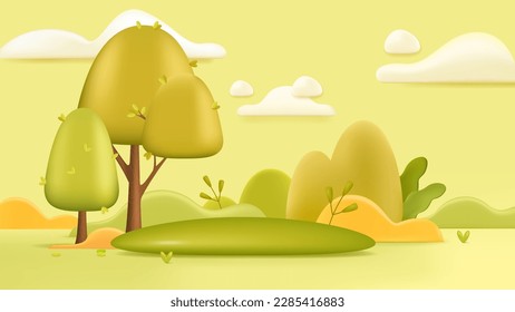 Green landscape background 3d illustration. Summer forest meadow with trees and grass in cartoon style. Nature, season, summer concept