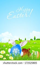 Green Landscape Background with Easter Eggs and Rabbit