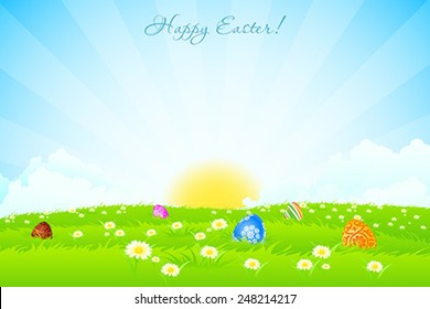 Green Landscape Background with Easter Eggs, Flowers, Sun and Clouds