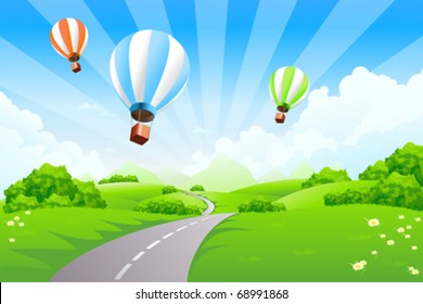 Green Landscape with Balloons clouds mountains road Background poster