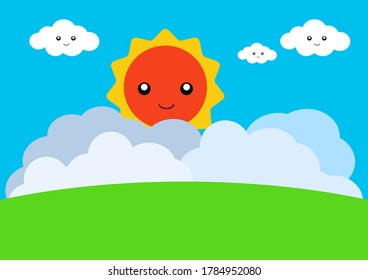 Green landscape with blue sky and sun