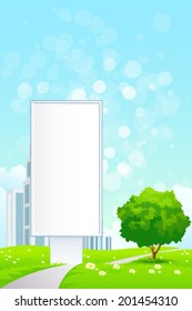 Green Landscape with City, Empty Billboard and lonely Tree