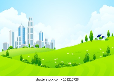 Green Landscape with City House Trees and Clouds