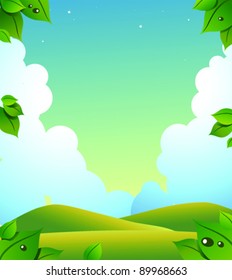 Green landscape with clouded sky