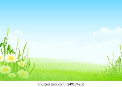 Green Landscape with clouds flowers and Grass
