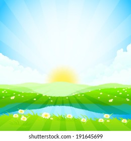 Green Landscape with Clouds, Flowers and River