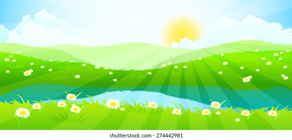 Green Landscape with Clouds, Flowers and River