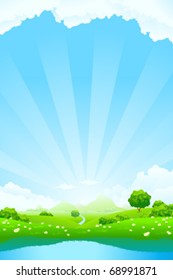 Green Landscape with clouds trees lake vector Background Poster mountains
