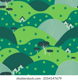 Green landscape with clover leaves seamless pattern. Ireland is emerald isle. Vector illustration.