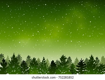 Green landscape with coniferous forest on starry sky background