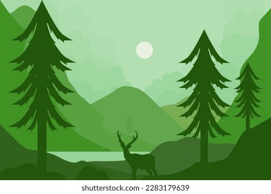 Green landscape with a deer in the forest.vector illustration