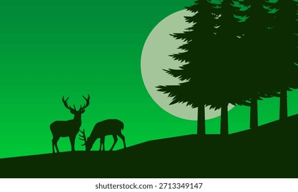 Uma paisagem verde com silhuetas de veados, pinheiros e uma lua. A imagem cria uma vista de natureza pacífica e cênica