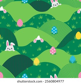 Green landscape with easter eggs and bunny seamless pattern. Vector illustration.