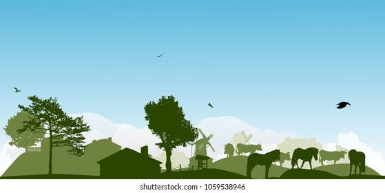 green landscape with farm animal near village illustration