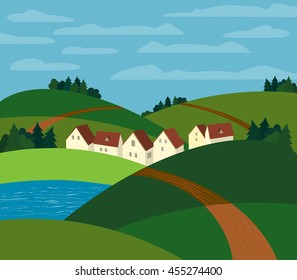 Green landscape. Farm houses silhouettes. Country winding road on meadows and fields. Rural community. Lake view among hills and woods. Village countryside scene background. Vector Illustration