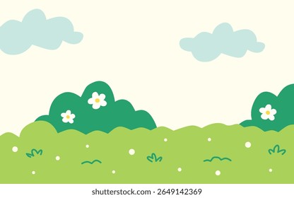 Green landscape featuring green hills, white flowers, and fluffy clouds in a bright, simple style.