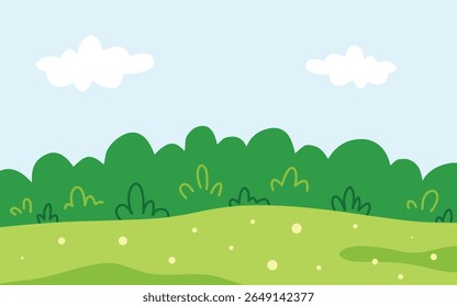 Green landscape featuring a rolling green hill, lush bushes, and a clear blue sky dotted with fluffy clouds.