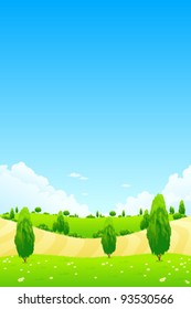 Green Landscape with Field Trees Flowers and Clouds