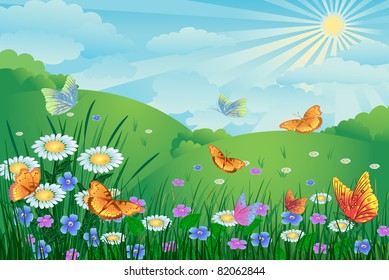 green landscape with flowers and butterflies