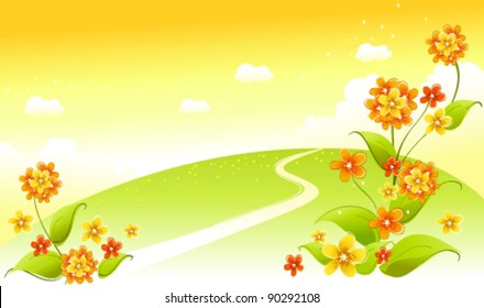 Green landscape with flowers and sky