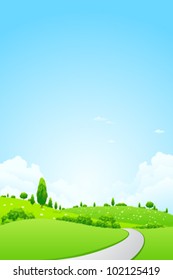 Green Landscape with  Flowers Trees Clouds and road