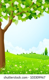 Green Landscape with  Flowers Trees and Clouds