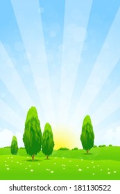 Green Landscape with  Flowers Trees and Clouds