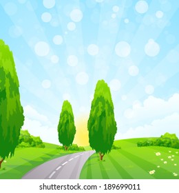 Green Landscape with  Flowers Trees and Clouds