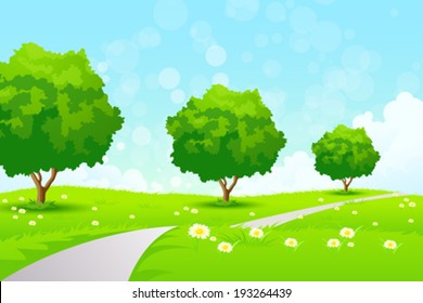 Green Landscape with  Flowers Trees and Road