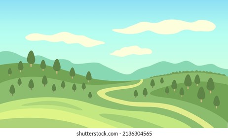 green landscape forests fields trees sky