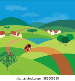 Green landscape. Freehand drawn cartoon outdoors style. Farm houses, country winding road on meadows and fields. Rural community. Lake view among hills. Vector village countryside scene background