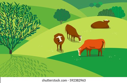 Green landscape. Freehand drawn cartoon style. Farming herd of brown cows on spring blooming meadow. Rural scene view with green trees, grass on hills and fields. Vector outdoors background