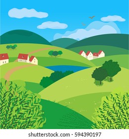 Green landscape. Freehand drawn cartoon outdoors style. Farm houses, country winding road on meadows and fields. Rural community. Lake view among hills. Vector village countryside scene background